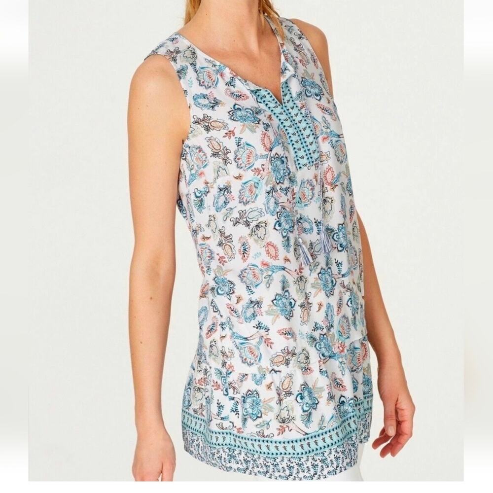 J Jill Floral Sleeveless Tunic Top Women's Small White Blue Boho Revival